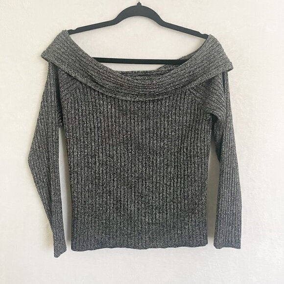 INC Womens Gray Glitter Long Sleeve Off Shoulder Party holiday Blouse top size L - Picture 2 of 12